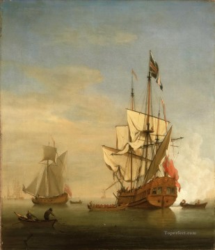  english - an english sixth rate ship firing a salute as a barge leaves a royal yacht nearby